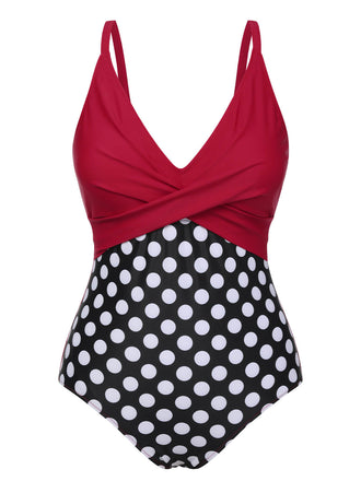 She's wearing Red 1960s Polka Dot Patchwork Swimsuit and the whole beach remembers the 1960s