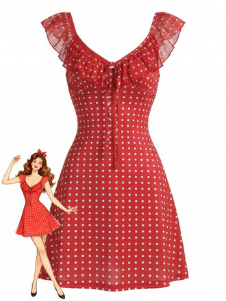 Red 1960s V-Neck Ruffle Swing Dress