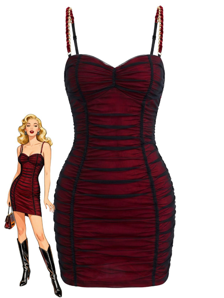 Red 1960s Ruched Mesh Bodycon Mini Dress