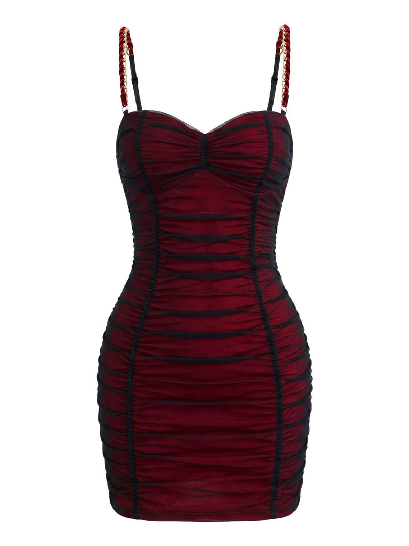 Red 1960s Ruched Mesh Bodycon Mini Dress