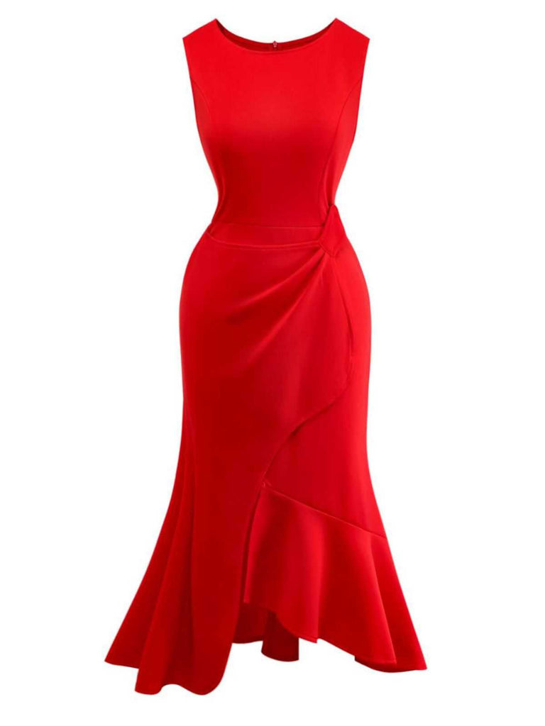 Red 1960s Ruffle Hem Asymmetric Sleeveless Dress - vintage dress, retro fashion, elegant red