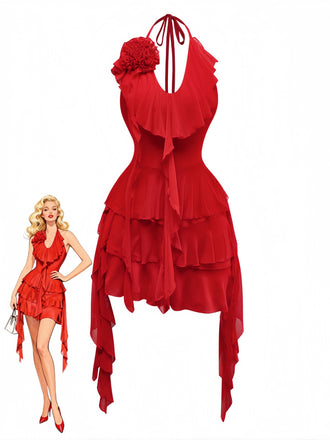 Red 1960s Ruffled 3D Floral Lace-Up Halter Dress, vintage dress, retro fashion, floral print, lace detail - perfect for women who love vintage and retro fashion