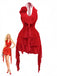 Red 1960s Ruffled 3D Floral Lace-Up Halter Dress, vintage dress, retro fashion, floral print, lace detail - perfect for women who love vintage and retro fashion