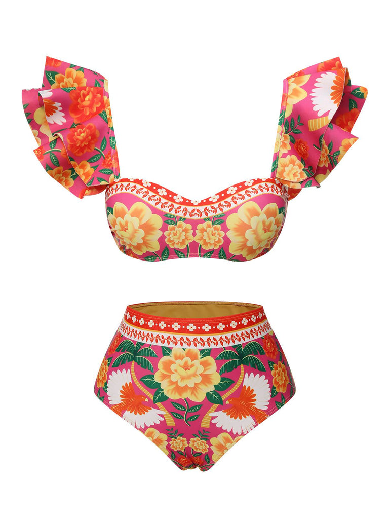 She's wearing Red 1960s Ruffles Sleeves Flowers Swimsuit and the whole beach remembers the 1960s