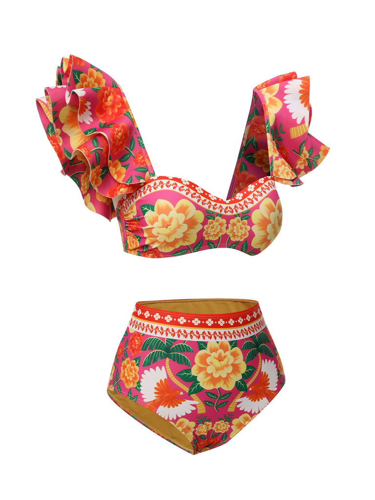 Red 1960s Ruffles Sleeves Flowers Swimsuit: 1960s Riviera elegance, reimagined for her