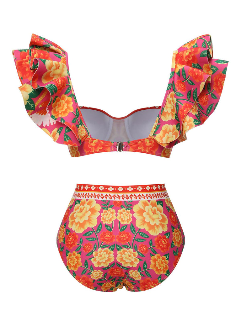 This Red 1960s Ruffles Sleeves Flowers Swimsuit carries 1960s vacation dreams in every stitch