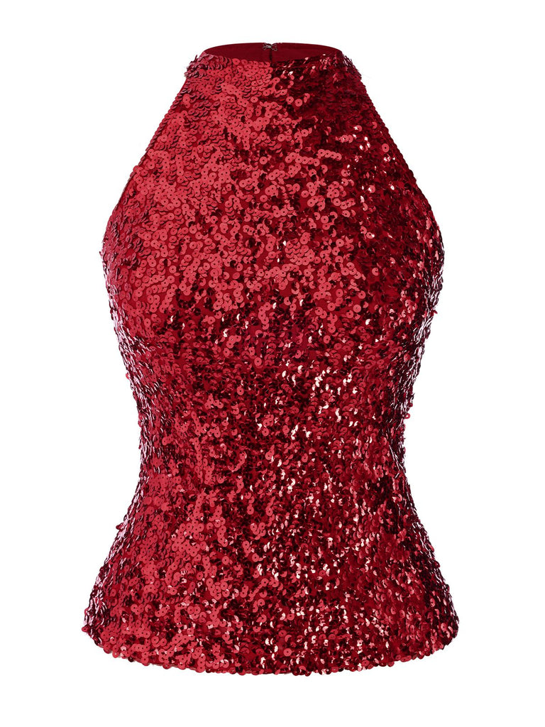 Red 1960s Sequins Sleeveless Top - vintage fashion, retro style, elegant red