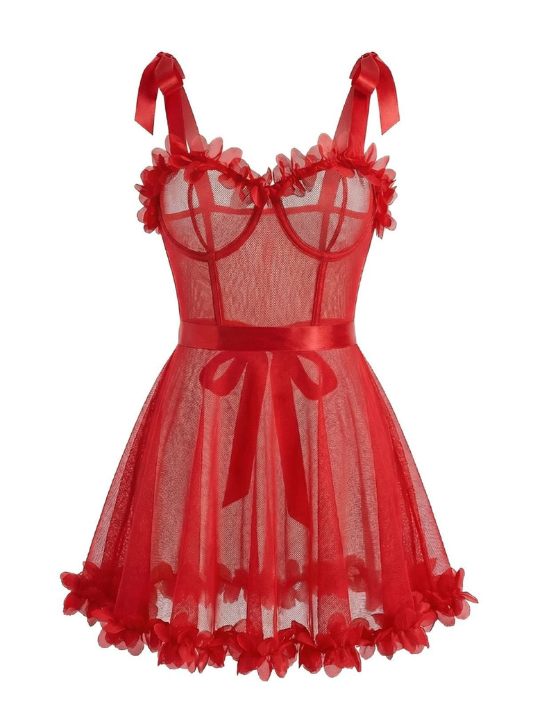 Red 1960s Solid 3D Floral Lace-Up Sleepwear - vintage nightgown, retro sleepwear, elegant red