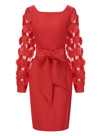 She slips into this Red 1960s Solid Bow 3D Flowers Mesh Dress and suddenly it's a 1960s daydream