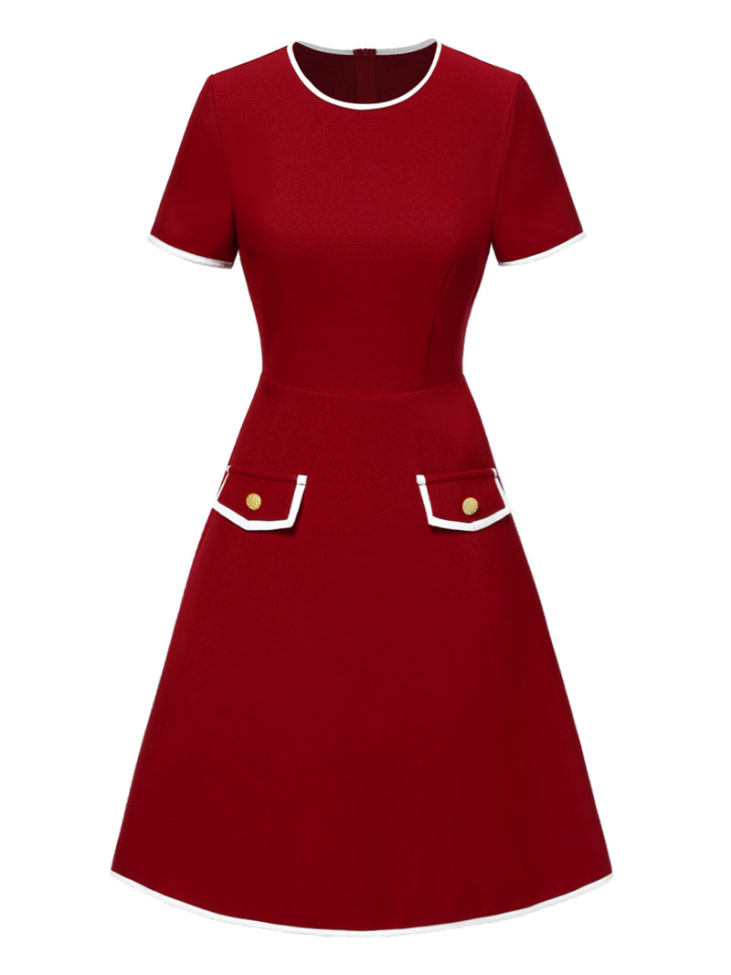 Retro Stage Solid Pocket Round Neck Mini Dress True Red