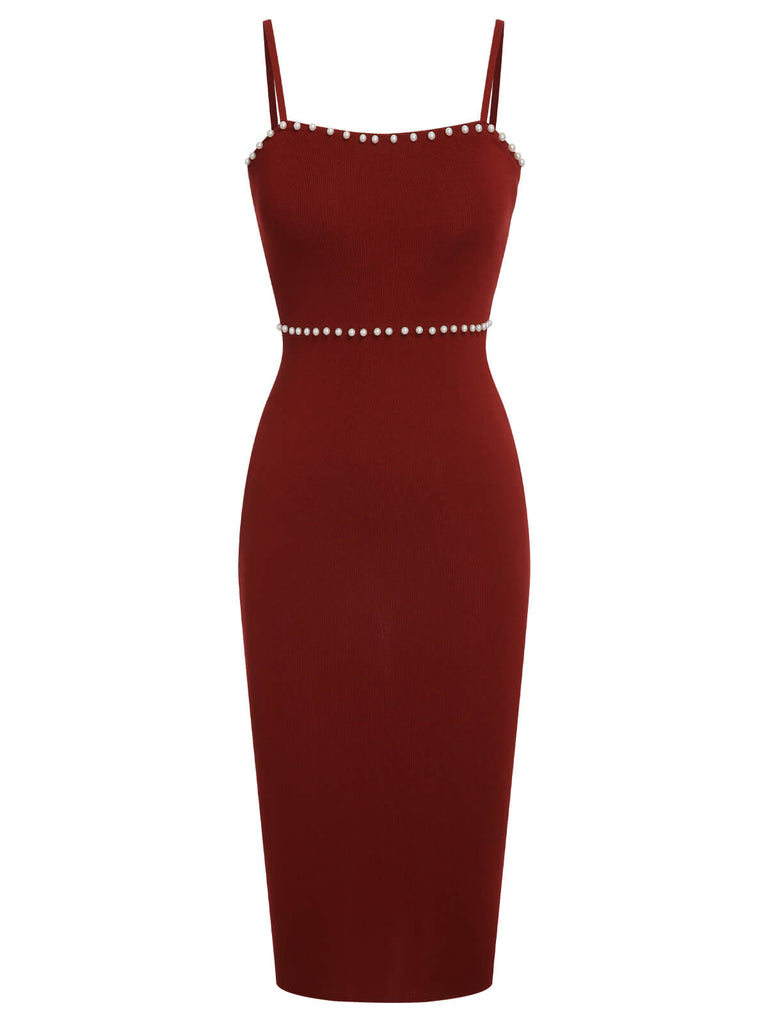 Red 1960s Solid Pearl Knitted Sling Dress: where 1960s romance meets her modern spirit