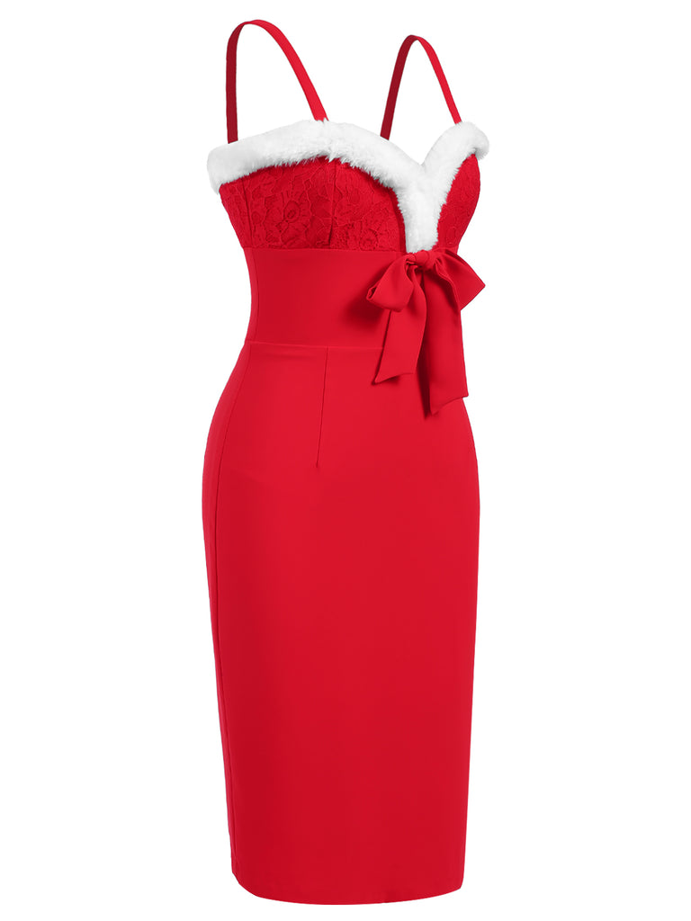 Red 1960s Spaghetti Strap Christmas Plush Lace Dress, vintage dress, retro fashion, lace detail - perfect for women who love vintage and retro fashion