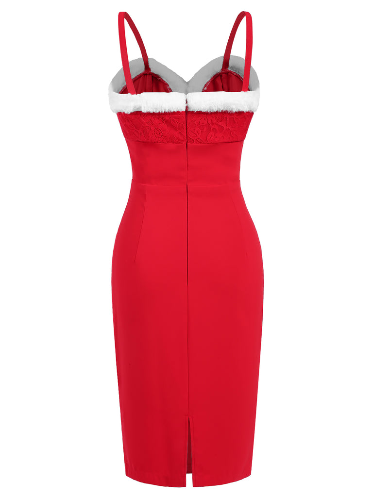 Christmas Strap Plush Lace Midi Dress Santa Claus Dress Red Christmas Strap Plush Lace Midi Dress Santa Claus Dress Red