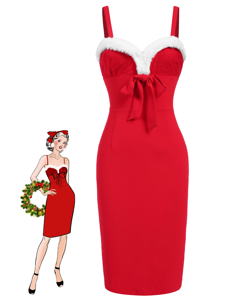 Red 1960s Spaghetti Strap Christmas Plush Lace Dress, vintage dress, retro fashion, lace detail - perfect for women who love vintage and retro fashion