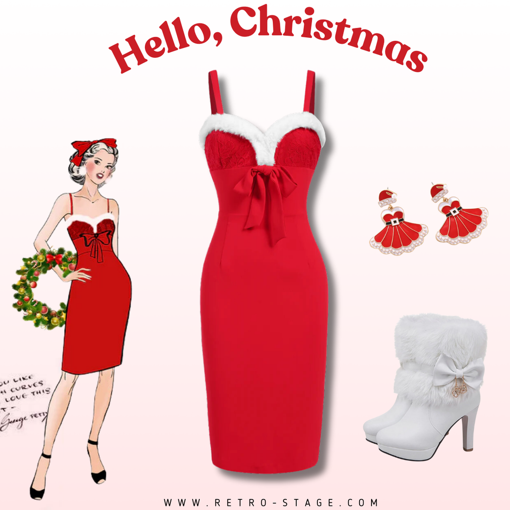 She slips into this Red 1960s Spaghetti Strap Christmas Plush Lace Dress and suddenly it's a 1960s daydream