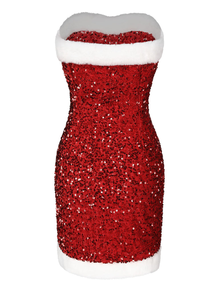 retro sexy dress Red 1960s Strapless Sequined Dress