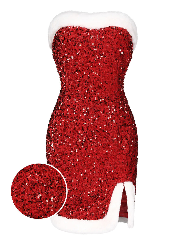 Red 1960s Strapless Sequined Dress | Retro Stage Red 1960s Strapless Sequined Dress | Retro Stage
