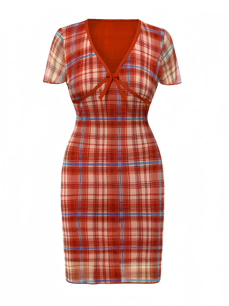 She slips into this Red 1960s V-Neck Bow Plaid Pencil Dress and suddenly it's a 1960s daydream
