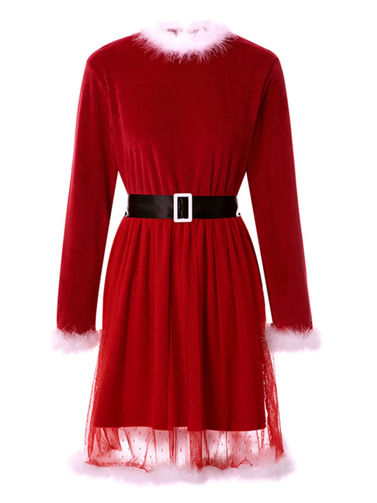 She slips into this Red 1960s Velvet Mesh Patchwork Belted Dress and suddenly it's a 1960s daydream