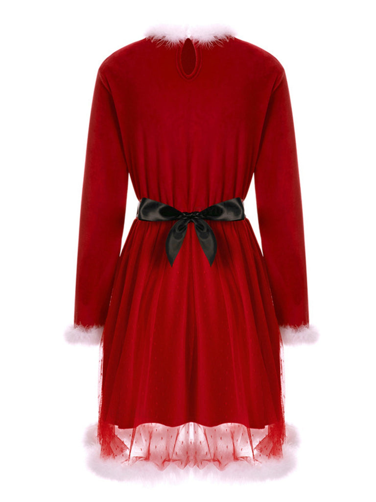 Red 1960s Velvet Mesh Patchwork Belted Dress: where 1960s romance meets her modern spirit