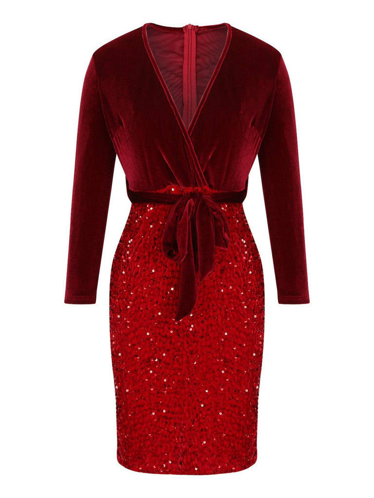 Red 1960s Velvet Sequined Patchwork Pencil Dress, vintage dress, retro fashion - perfect for women who love vintage and retro fashion