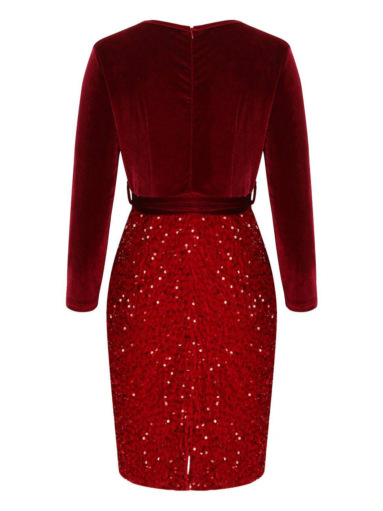 Red 1960s Velvet Sequined Patchwork Pencil Dress, vintage dress, retro fashion - perfect for women who love vintage and retro fashion