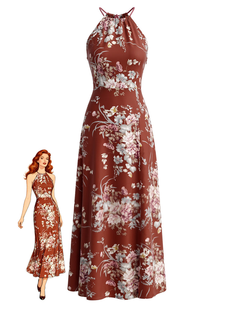 Elegant Red 1940s Vintage Floral Dress 1
