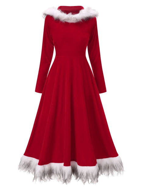 70s christmas dress Red 1970s Fur Hooded and a Retro Stage Size:LG VacationStyles Ladies - Navy Blue