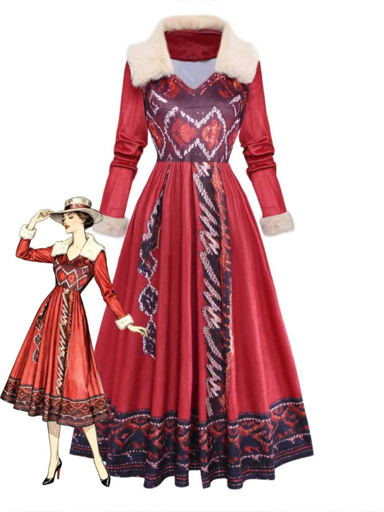 Red 1970s Detachable Fur Collar Boho Dress - vintage dress, retro fashion, elegant red