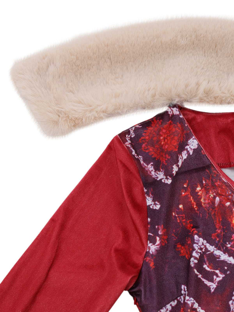 Red 1970s Detachable Fur Collar Boho Dress - vintage dress, retro fashion, elegant red