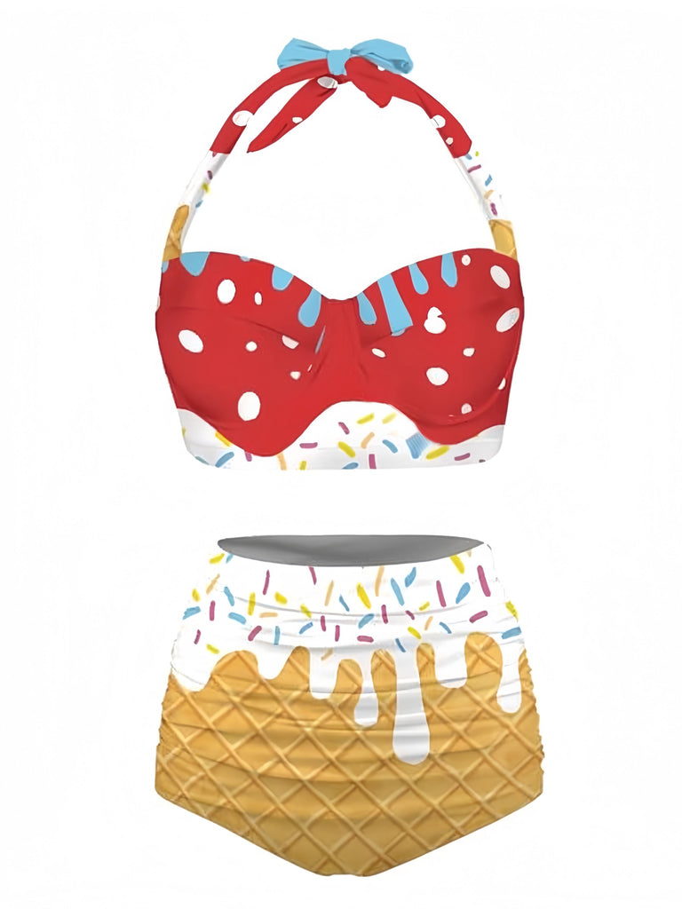 Red 1970s Halter Ice-Cream Cone Bikini Set - vintage fashion, retro style, elegant red