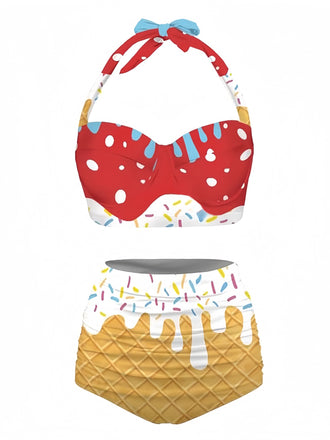 Red 1970s Halter Ice-Cream Cone Bikini Set - vintage fashion, retro style, elegant red