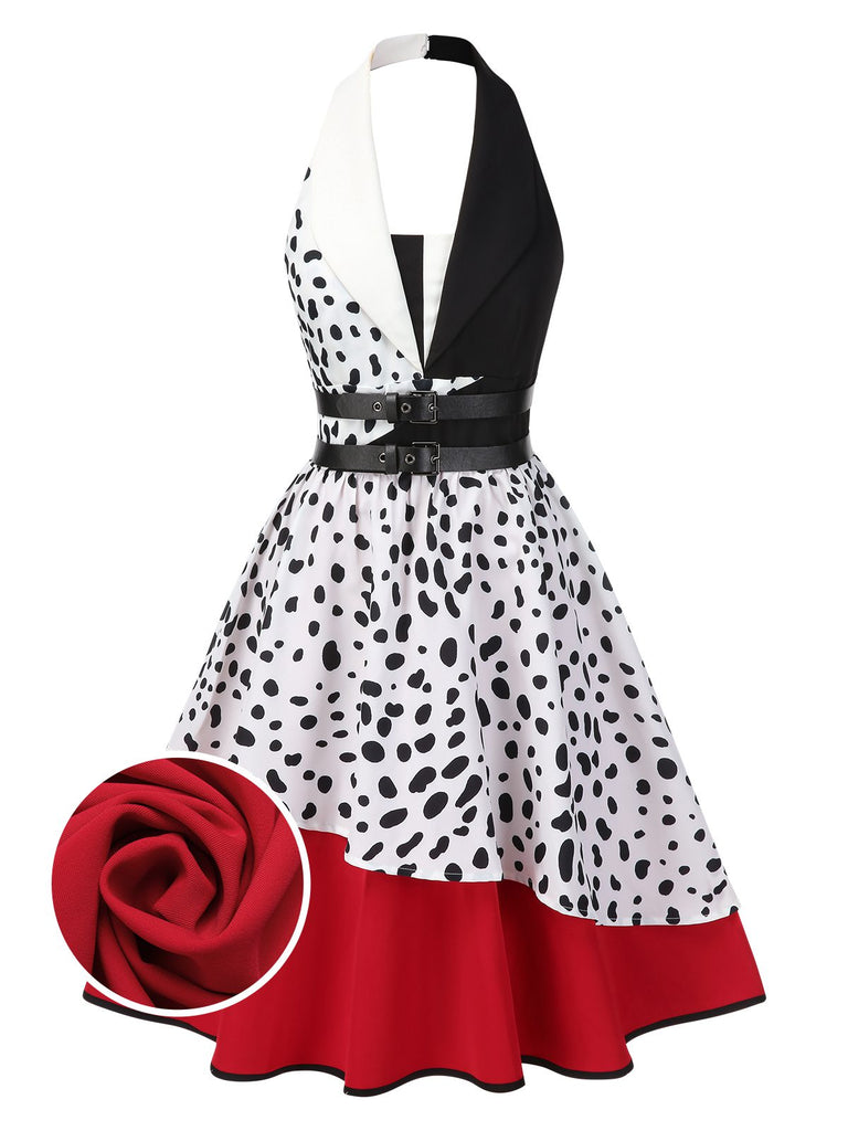 Red 1970s Irregular Contrast Halter Dalmatian Dress | Retro Stage Red 1970s Irregular Contrast Halter Dalmatian Dress | Retro Stage
