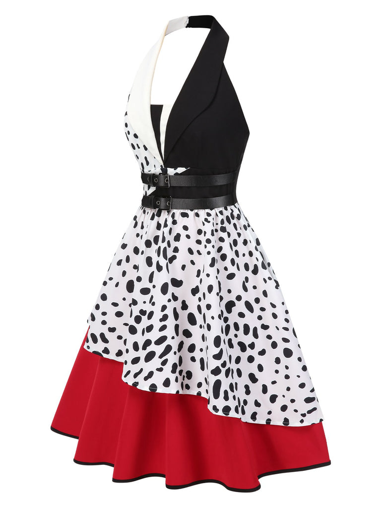 open lace back dress Red 1970s Irregular Contrast Halter Dalmatian Dress main image 1
