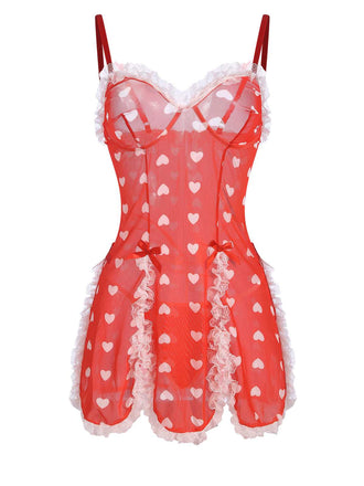 She slips into this Red 1970s Lace Heart Ruffles Nightgown and suddenly it's a 1970s daydream