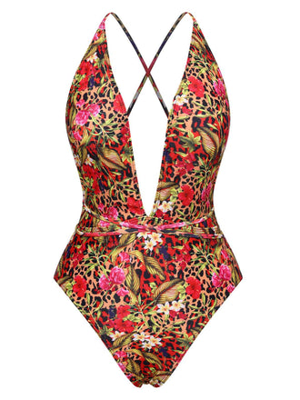 She's wearing Red 1970s Leopard Flower One-Piece Swimsuit and the whole beach remembers the 1970s