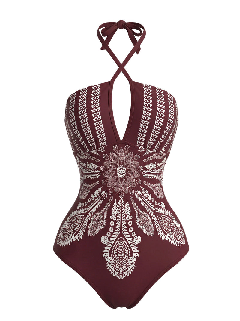 Red 1970s Mandala Cross-Halter Boho One-Piece Swimsuit | Retro Stage