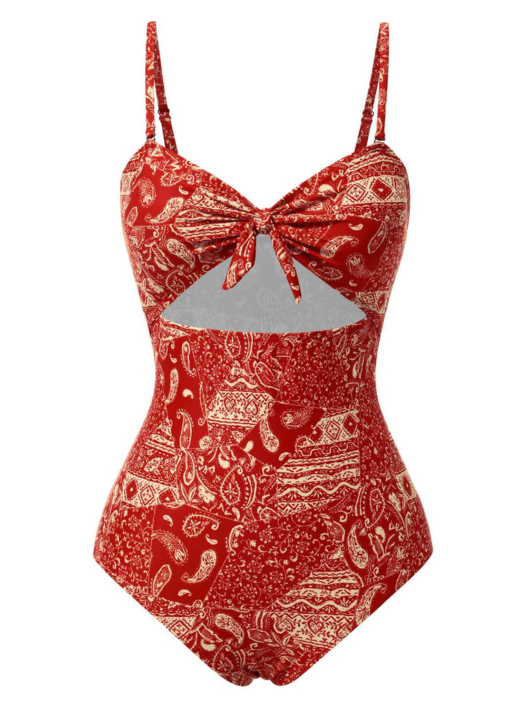 Red 1970s Paisley Hollow Spaghetti Straps Swimsuit | Retro Stage
