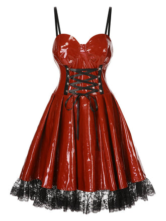 She slips into this Red 1970s Steampunk Glossy Lace-Up Suspender Dress and suddenly it's a 1970s daydream