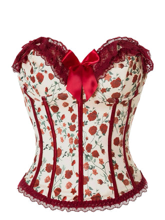 Red 1970s Strapless Court Lace Roses Corset - vintage fashion, retro style, elegant red