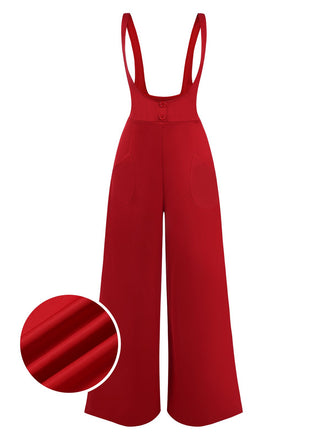 She walks in these Red 1970s Suspender Wide-Leg Solid Pants and the world follows