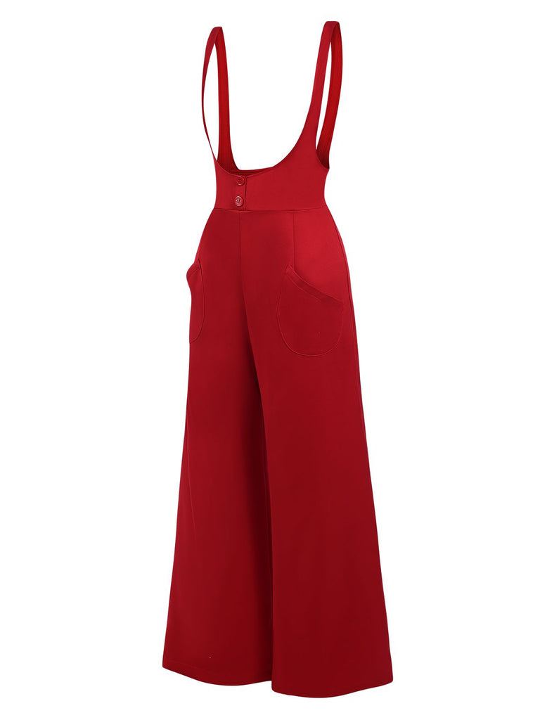 Red 1970s Suspender Wide-Leg Solid Pants — 1970s style for the woman going places