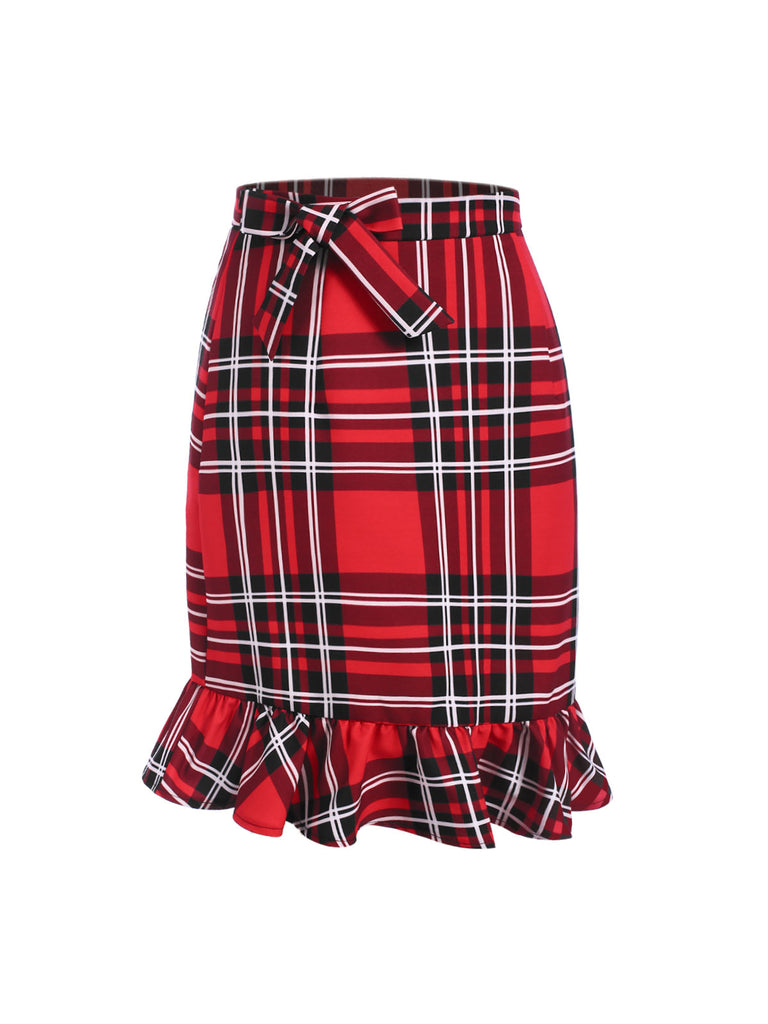 This Red 1970s Tartan Plaids Bow Ruffles Skirt spins 1970s stories with every step