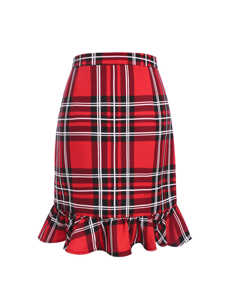 Red 1970s Tartan Plaids Bow Ruffles Skirt — because 1970s glamour deserves an encore