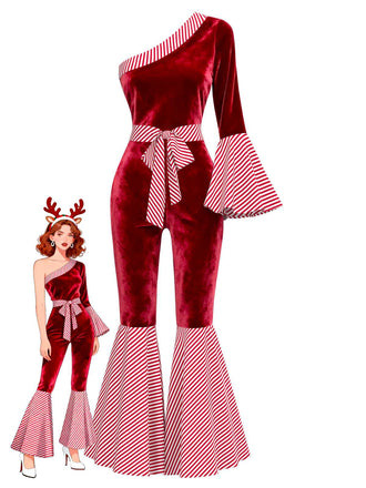 She finds her 1970s story in this Red 1970s Velvet Candy Cane Stripe Bell Sleeve Jumpsuit