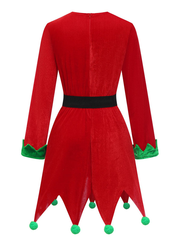 Red 1980s Christmas Elf Costume Dress Set — a 1980s silhouette that turns sidewalks into runways