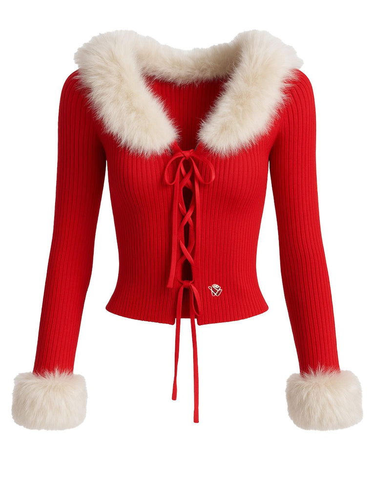 Red 1980s Detachable Fur Collar Tie Knit Cardigan - vintage fashion, retro style, elegant red