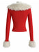 Red 1980s Detachable Fur Collar Tie Knit Cardigan - vintage fashion, retro style, elegant red