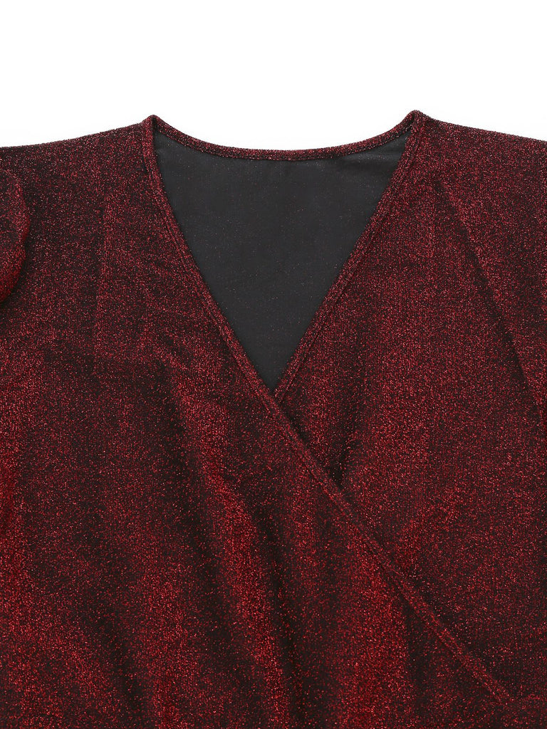 Red 1980s Glitter Deep-V Long Sleeve Jumpsuit - vintage jumpsuit, retro fashion, elegant red