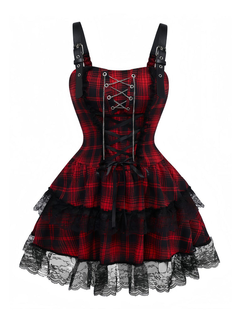 Red 1980s Gothic Lace Patchwork Plaid Dress | Retro Stage Red 1980s Gothic Lace Patchwork Plaid Dress | Retro Stage